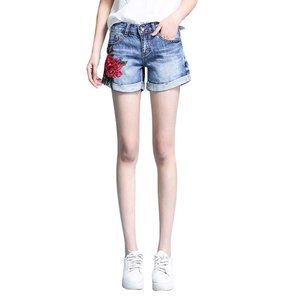 High-quality Jeans Shorts Exquisite Embroidery High Waist Shorts, A